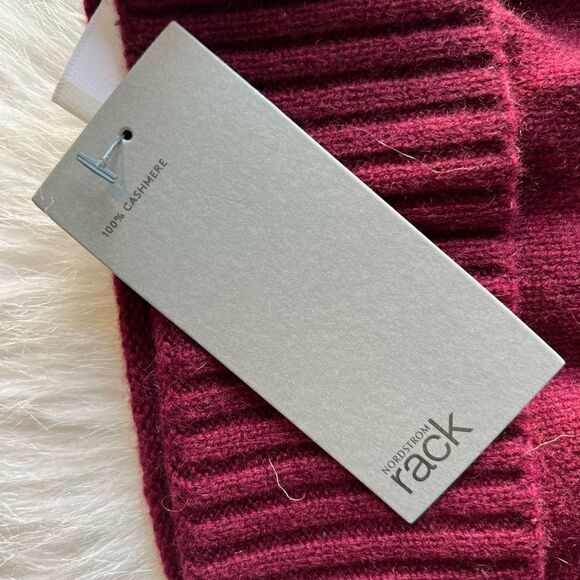 Nordstrom Faux Fur Cashmere Pompom Beanie, Burgundy, 100% Cashmere, NWT - Picture 3 of 12